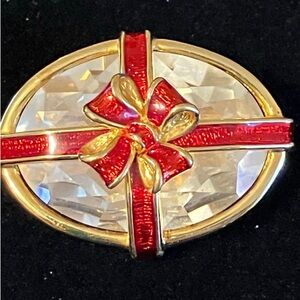 Swarovski Swan signed red, green enamel, crystal oval present brooch